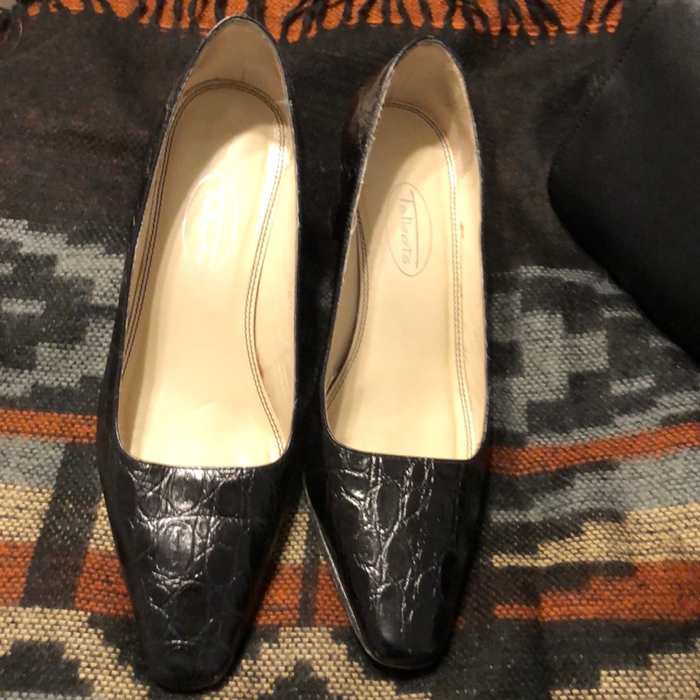 Talbots black snake like block shoes.